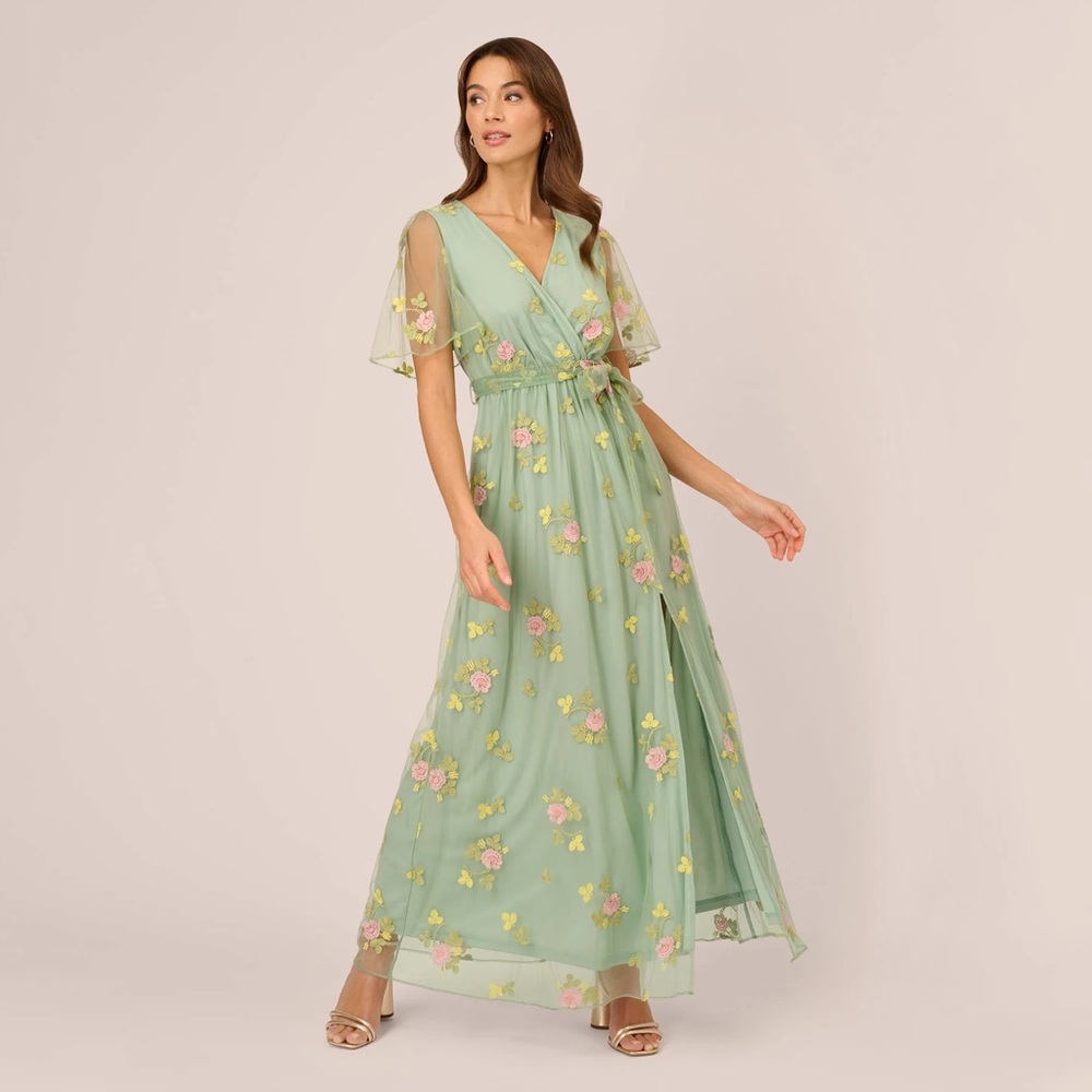 FLORAL EMBROIDERED MAXI DRESS WITH SHEER FLUTTER SLEEVES IN SAGE MULTI
